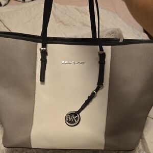 Michael Kors Gray and White Saffiano Leather Tote